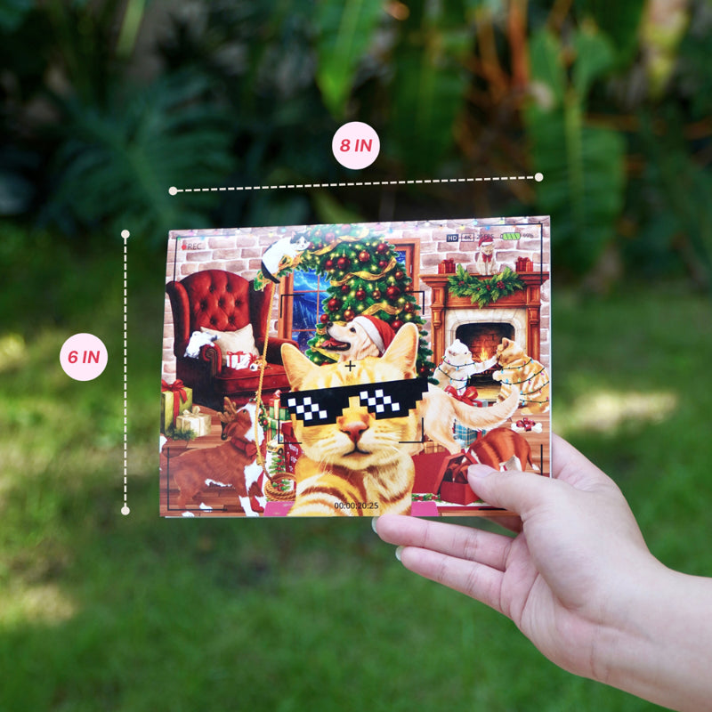 Playful Cats & Dogs Romping by a Decorated Tree - 6x8"