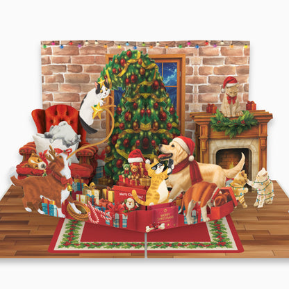 Playful Cats & Dogs Romping by a Decorated Tree - 6x8"