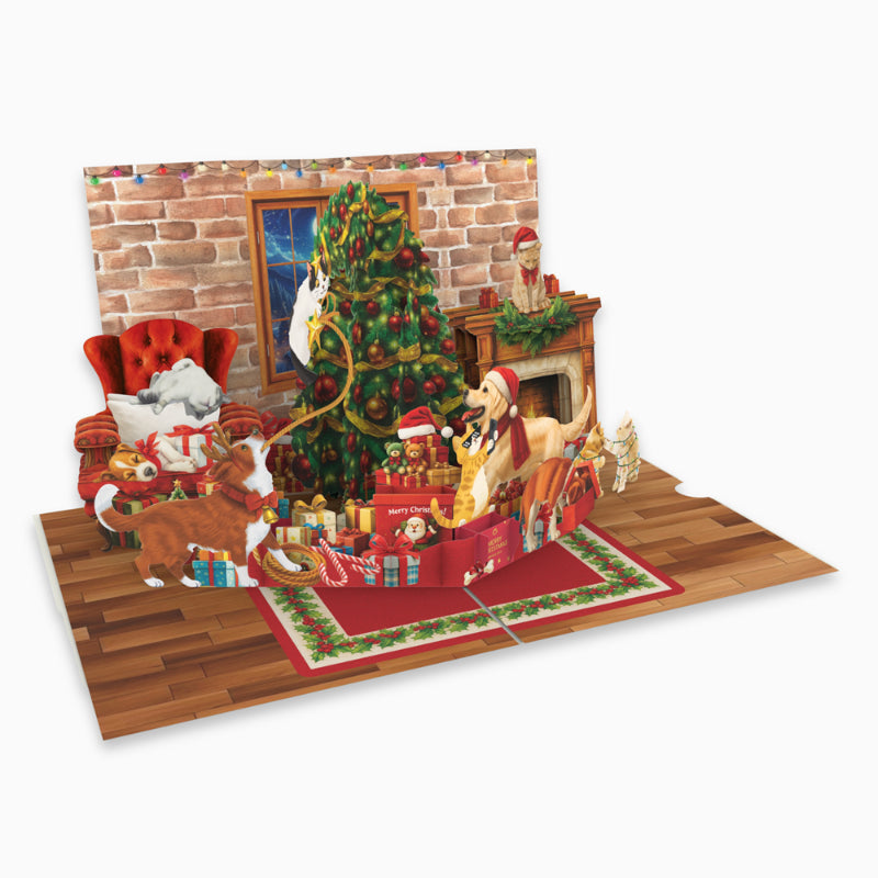 Playful Cats & Dogs Romping by a Decorated Tree - 6x8"