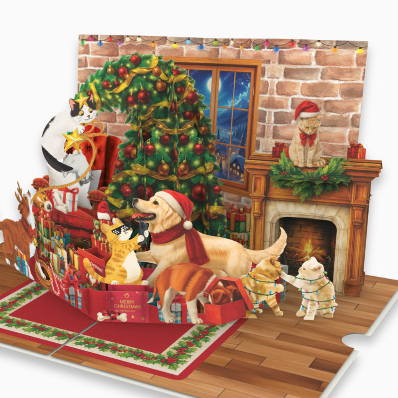 Playful Cats & Dogs Romping by a Decorated Tree - 6x8"