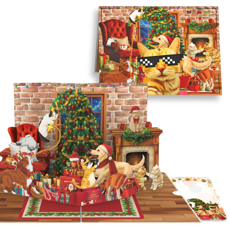 Playful Cats & Dogs Romping by a Decorated Tree - 6x8"