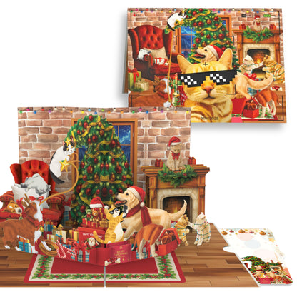 Playful Cats & Dogs Romping by a Decorated Tree - 6x8"