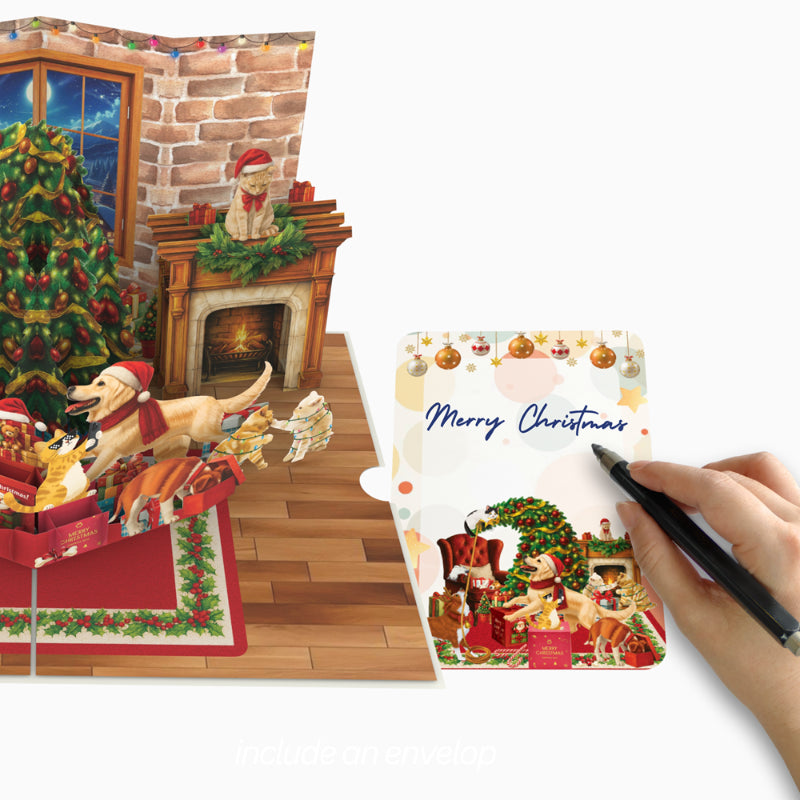 Playful Cats & Dogs Romping by a Decorated Tree - 6x8"