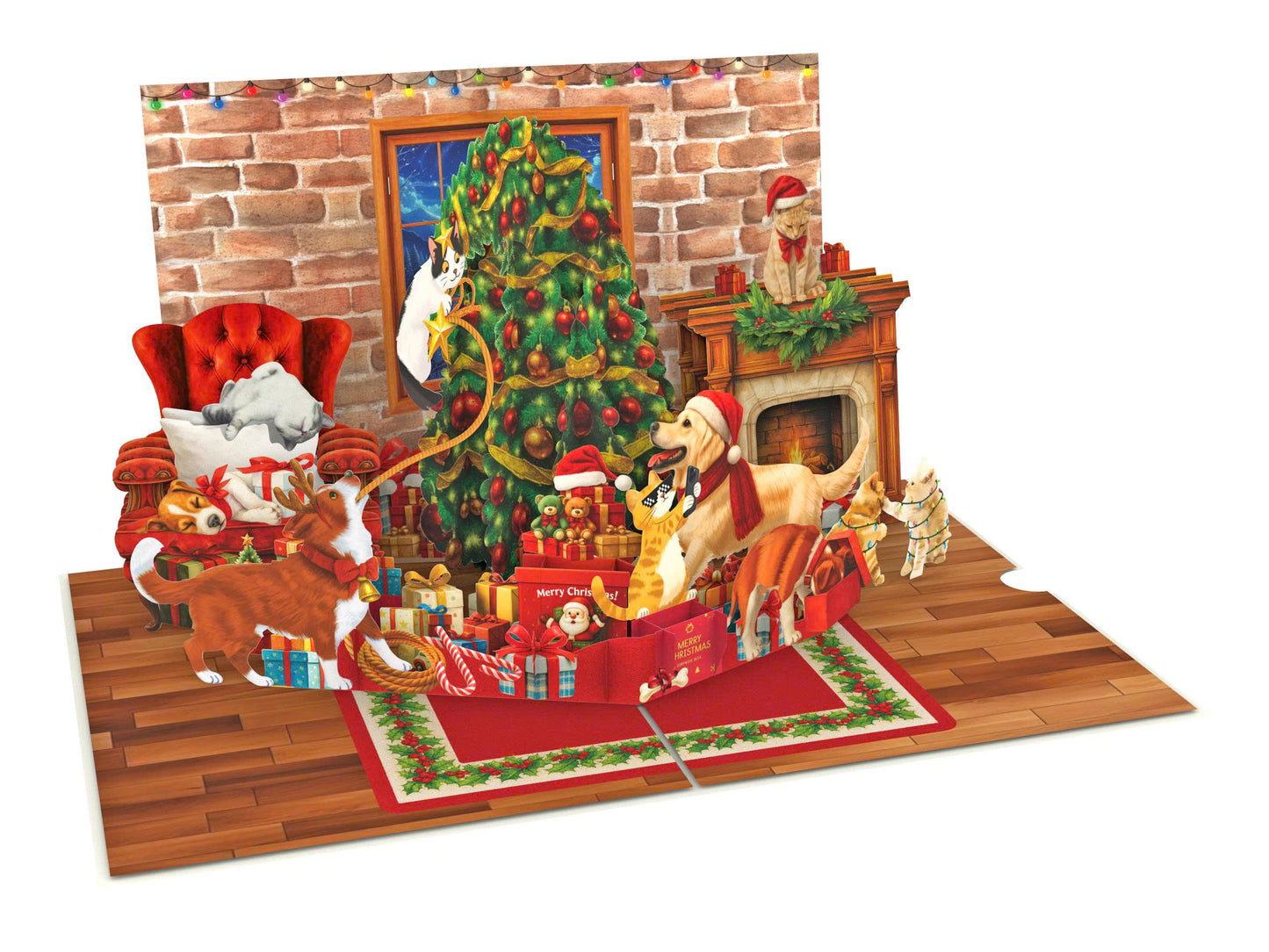 Playful Cats & Dogs Romping by a Decorated Tree
