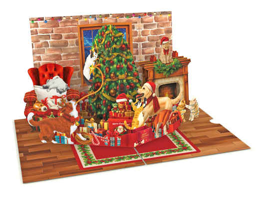Playful Cats & Dogs Romping by a Decorated Tree